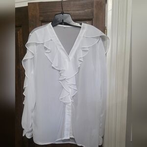 Ruffled V-Neck Sheer Blouse - White